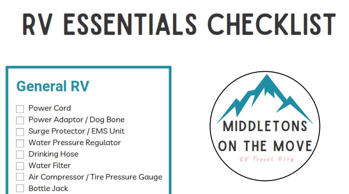 RV essentials checklist listing tools like hammer, screwdrivers, and socket set, first aid kit supplies such as bandages and ointment, general RV gear including power cord, surge protector, and leveling blocks, personal hygiene items, clothing, camping gear, cleaning supplies, kitchen essentials, and interior must-haves.