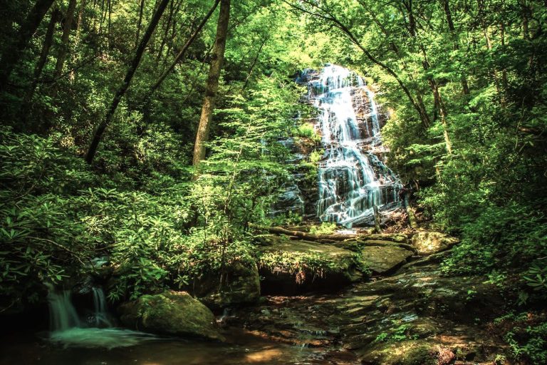 Cascading waterfall flowing down layered rock surrounded by lush green forest near Helen, Georgia. Sunlight filters through the dense canopy above, creating a peaceful, secluded atmosphere typical of Horse Trough Falls.