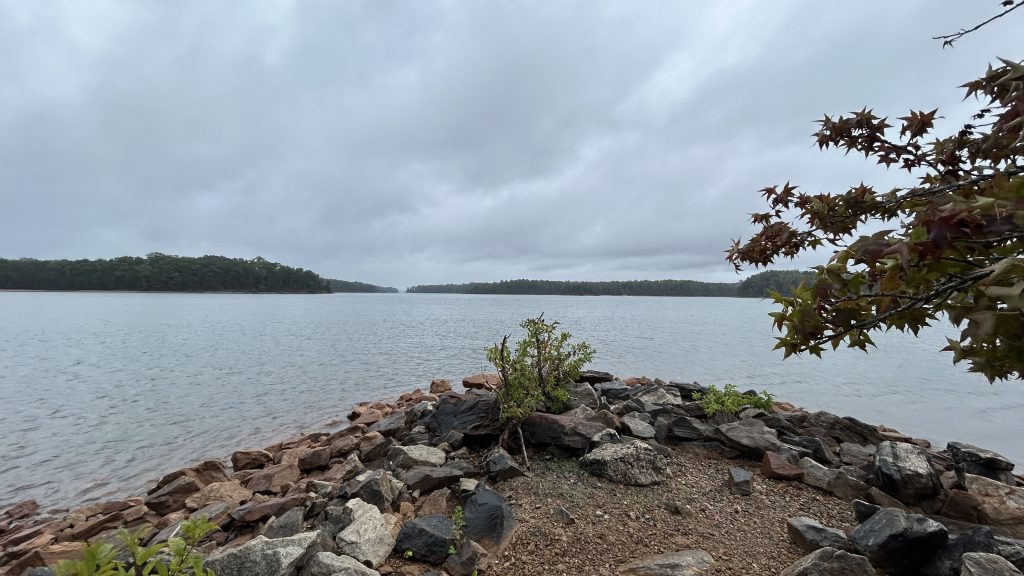 A rocky shoreline juts into Lake Lanier at Bald Ridge Campground under an overcast sky, creating a peaceful vantage point. Trees with early autumn leaves frame the view, while forested land stretches along the horizon across the calm water.