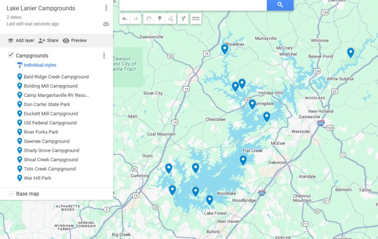 Interactive map showing the locations of Lake Lanier Campgrounds in northern Georgia, with blue location markers identifying campgrounds such as Sawnee, Shoal Creek, Shady Grove, Bald Ridge Creek, and others. The map includes surrounding cities like Cumming, Gainesville, Dawsonville, and Buford, with Lake Lanier’s shoreline and coves prominently displayed.
