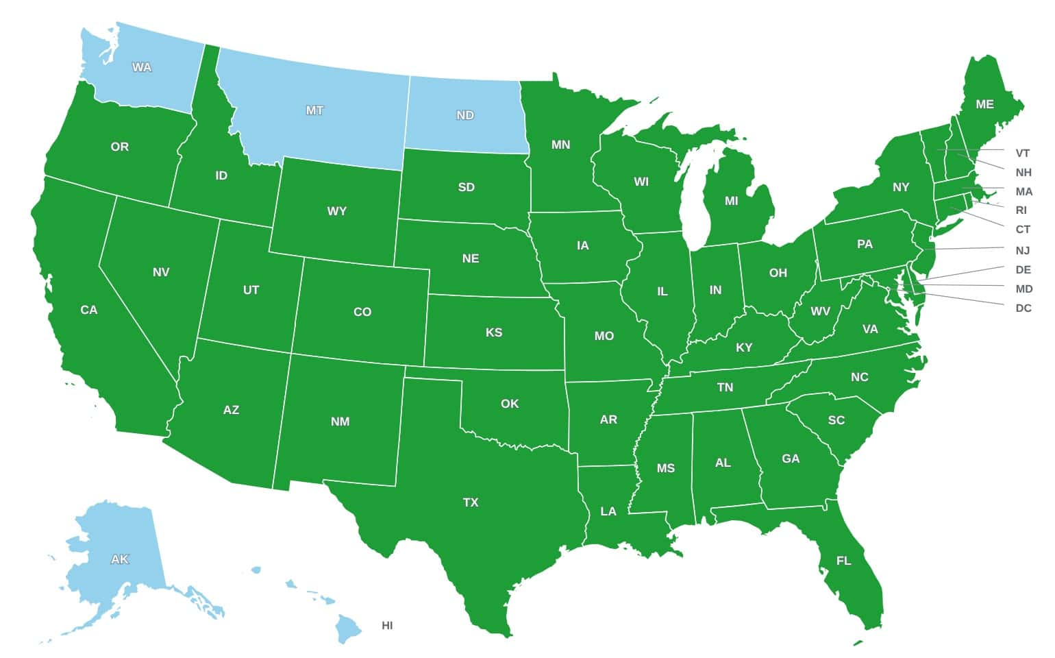 Map of the United States with 45 states shaded green (states we’ve visited) and Washington, Montana, North Dakota, Alaska, and Hawaii shaded light blue (states still on our list).