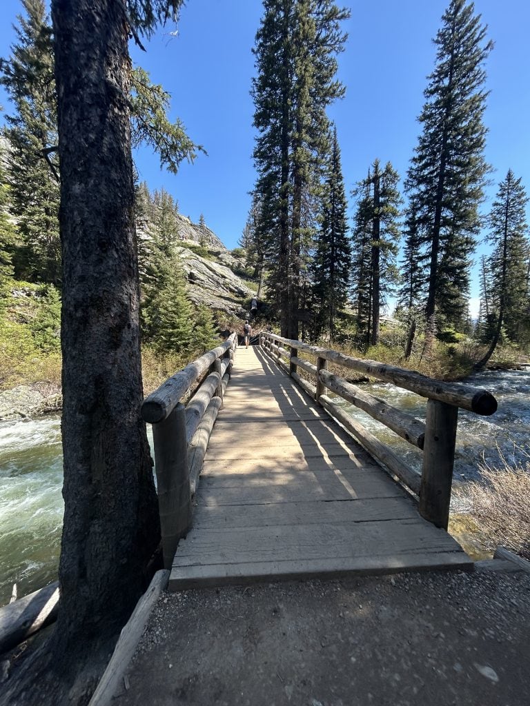 A narrow wooden bridge crosses a rushing creek, surrounded by tall pine trees and rocky terrain under a clear blue sky. Hikers are visible in the distance, heading toward a forested trail, highlighting a scenic and adventurous section of a hike in Grand Teton National Park.