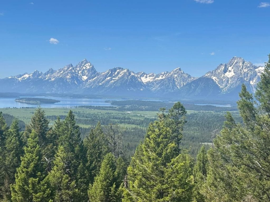 Snow-capped mountain peaks rise dramatically above a wide green valley and shimmering blue lakes. Evergreen trees fill the foreground under a clear summer sky.