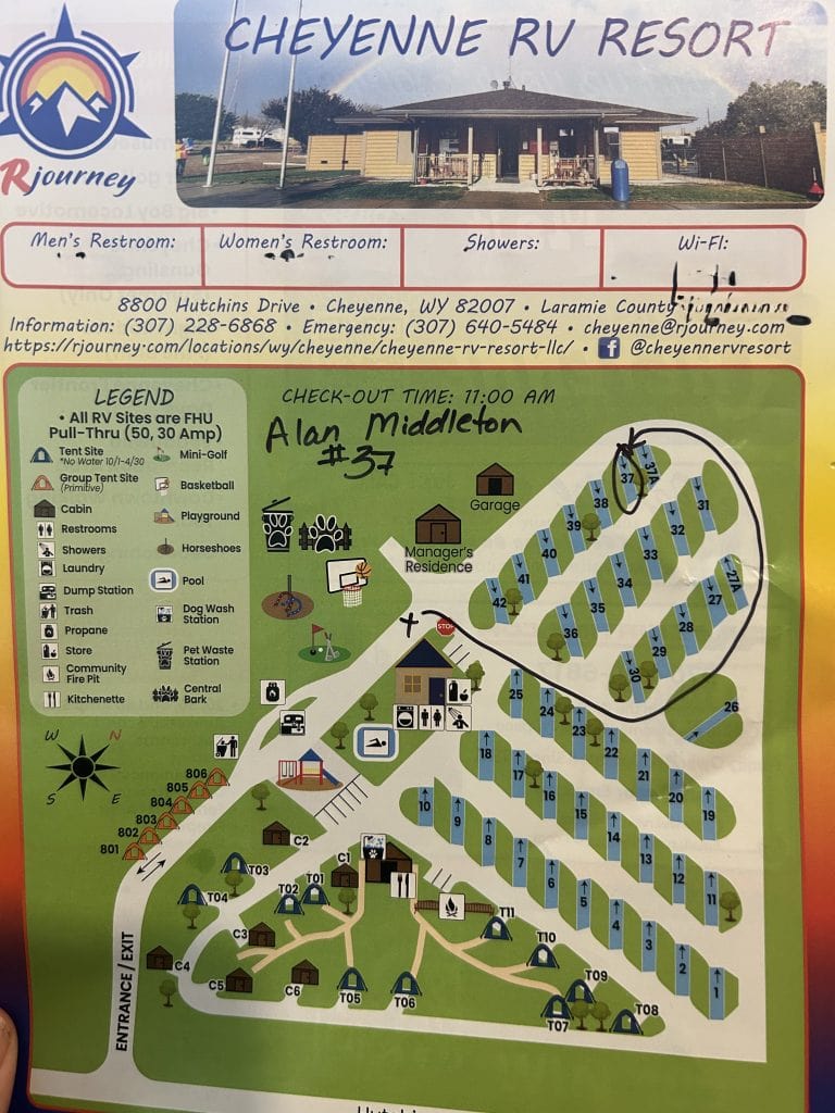 Campground map for Cheyenne RV Resort by RJourney showing RV sites, tent areas, group tent sites, cabins, and amenities including restrooms, showers, laundry, playground, mini-golf, and pet stations. Site #37 is marked for Alan Middleton, and the map includes contact info, Wi-Fi details, and a color-coded legend for navigation.