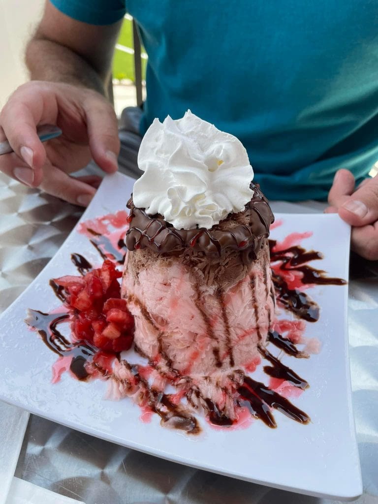 Tower of shaved strawberry and chocolate snow from Vampire Penguin, topped with a swirl of whipped cream and drizzled with chocolate and strawberry syrup. Served on a white plate with a side of diced strawberries and decorative sauce swirls.