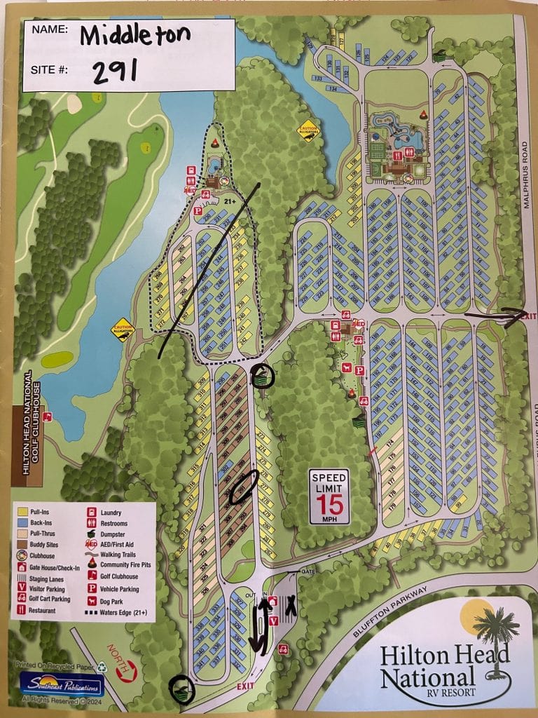 Illustrated resort map of Hilton Head National RV Resort showing color-coded RV sites, walking trails, ponds, and key amenities like pools, laundry, restrooms, and golf clubhouse. Handwritten labels highlight site number 291 with the name "Middleton" and mark areas of interest including entrances, exits, and road directions.