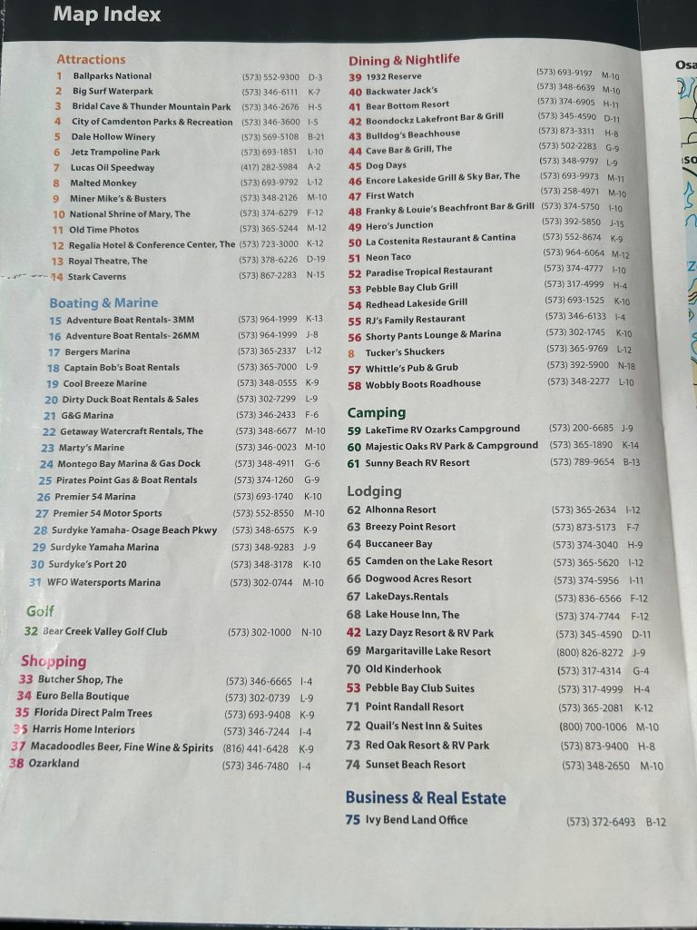 A printed map index lists attractions, boating and marine services, golf, shopping, dining and nightlife, camping, lodging, and real estate around Lake of the Ozarks, Missouri. Each listing includes a name, phone number, and map grid reference.