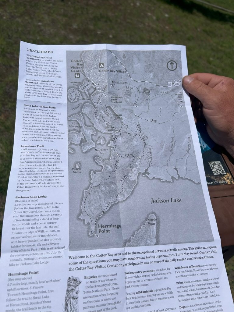 A person holds a printed trail map of the Colter Bay area in Grand Teton National Park, featuring detailed routes including the Lakeshore Trail, Swan Lake–Heron Pond, and Hermitage Point. The left panel lists trailhead descriptions and distances, while the map on the right shows hiking paths around Jackson Lake and nearby landmarks.