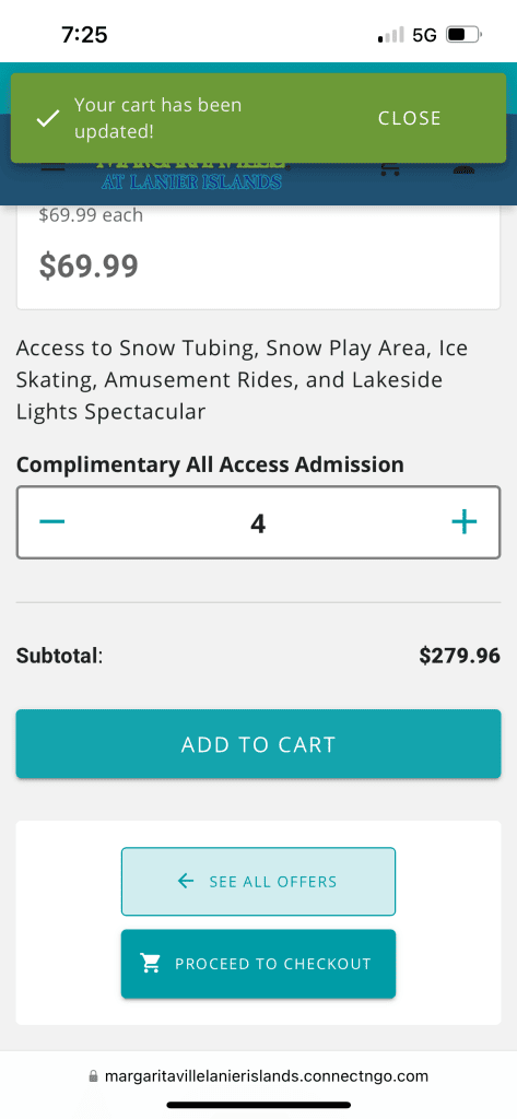 Mobile checkout screen for Margaritaville at Lanier Islands showing four complimentary all-access admissions to Snow Island, which includes snow tubing, snow play area, ice skating, amusement rides, and a lakeside lights show. The subtotal is listed as $279.96 with options to add to cart or proceed to checkout.