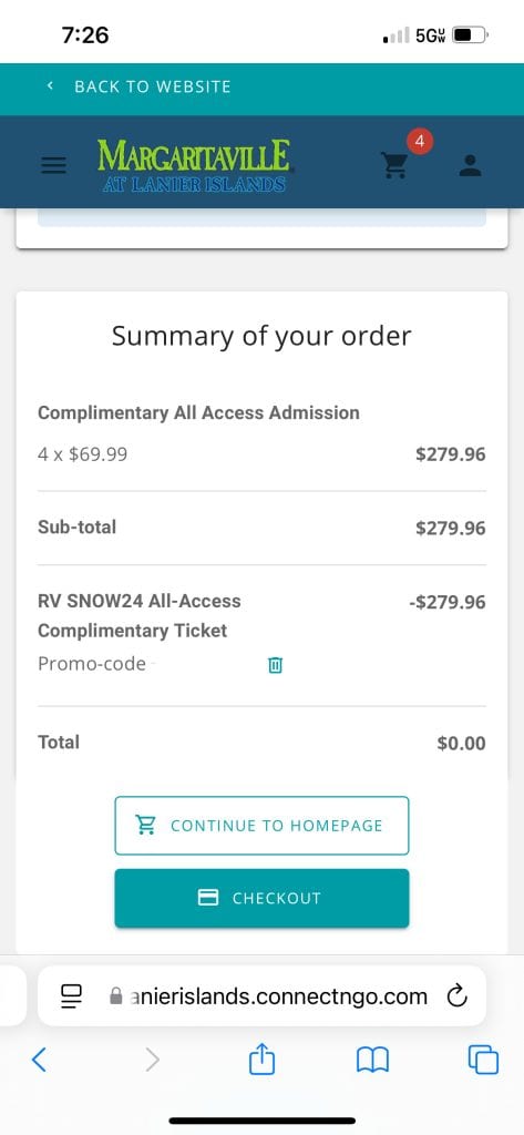 Order summary screen for Margaritaville at Lanier Islands showing four complimentary all-access admissions valued at $69.99 each. The $279.96 subtotal is offset by a promo code, bringing the total to $0.00 with checkout and homepage options.