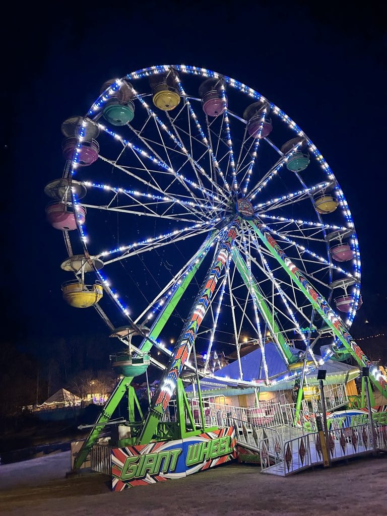 A brightly lit Ferris wheel named “Giant Wheel” glows with blue and white lights against the night sky. Its colorful gondolas in yellow, green, and purple stand out, while the ride’s green frame and bold signage add to the festive atmosphere.