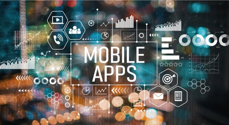 The words “Mobile Apps” are centered on a blurred city lights background, surrounded by digital icons and data charts representing app development, analytics, and user interaction.