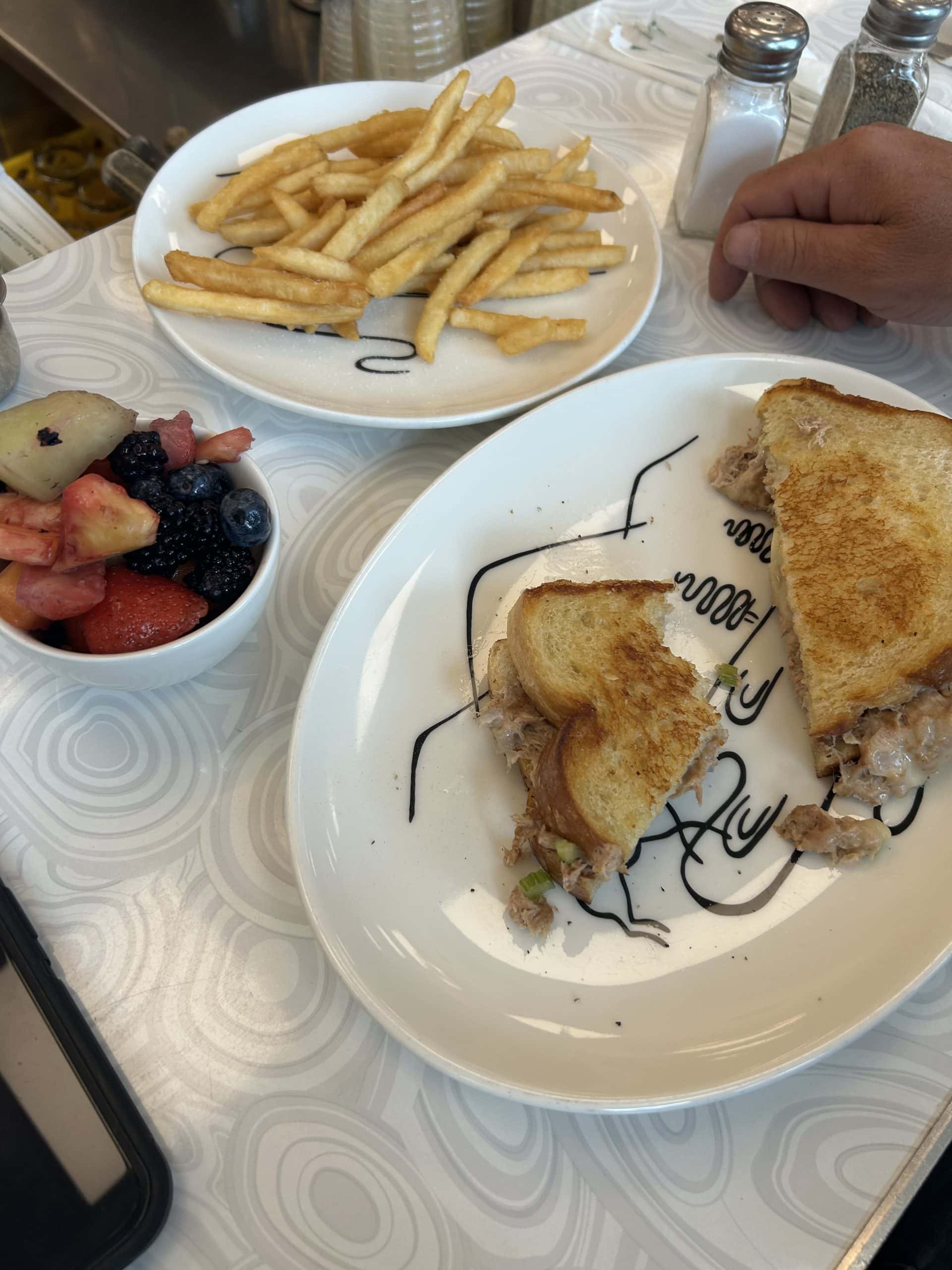 A grilled sandwich cut in half sits on a white plate with a decorative swirl design, served alongside a separate plate of French fries and a small bowl of fresh mixed fruit. A hand rests on the counter near salt and pepper shakers.