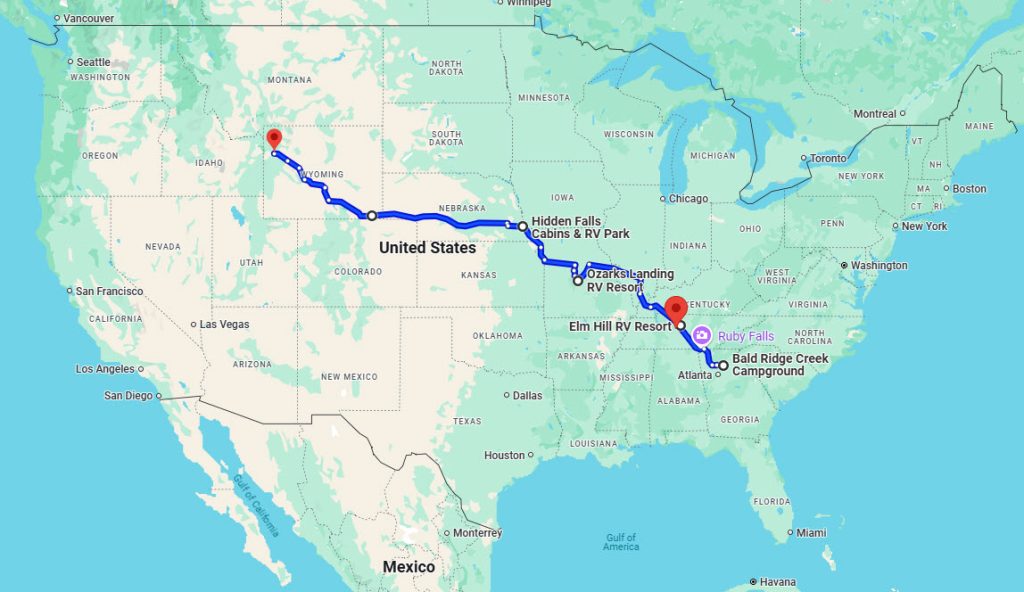 A US road trip route is mapped from Georgia to Wyoming, with marked RV stops including Bald Ridge Creek Campground, Elm Hill RV Resort, Ozarks Landing RV Resort, and Hidden Falls Cabins & RV Park.