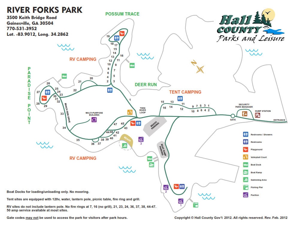 Illustrated campground map of River Forks Park in Gainesville, GA, showing labeled sections for tent camping, RV camping, and amenities such as restrooms, showers, pavilions, a beach, playground, and boat docks. The map highlights areas like Paradise Point, Possum Trace, Deer Run, and Twin River Loop, with individual site numbers and icons for utilities and recreation. Key details include park address, GPS coordinates, and notes about site features and access rules.