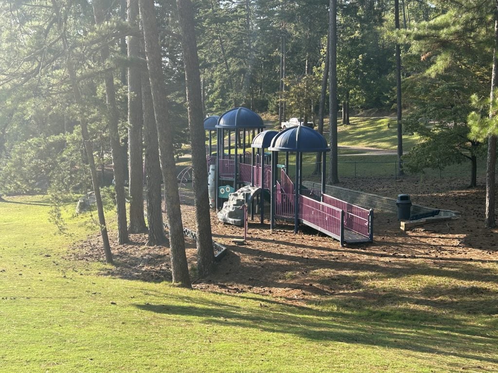 Playground at River Forks Park on Lake Lanier set among tall pine trees, featuring a large play structure with ramps, slides, climbing areas, and blue dome-shaped roofs. The playground is surrounded by wood chips and a grassy area, with a trash bin nearby.