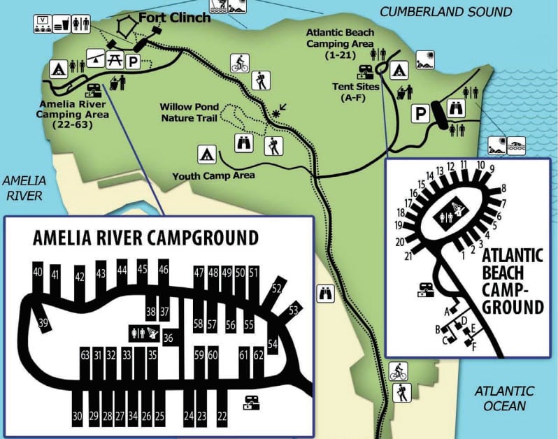Illustrated campground map of Fort Clinch State Park showing two main areas: Amelia River Campground (sites 22–63) near the river and Atlantic Beach Campground (sites 1–21) near the ocean. The map includes icons for Fort Clinch, restrooms, trails, tent sites A–F, bike paths, parking, and scenic viewing areas across the park.