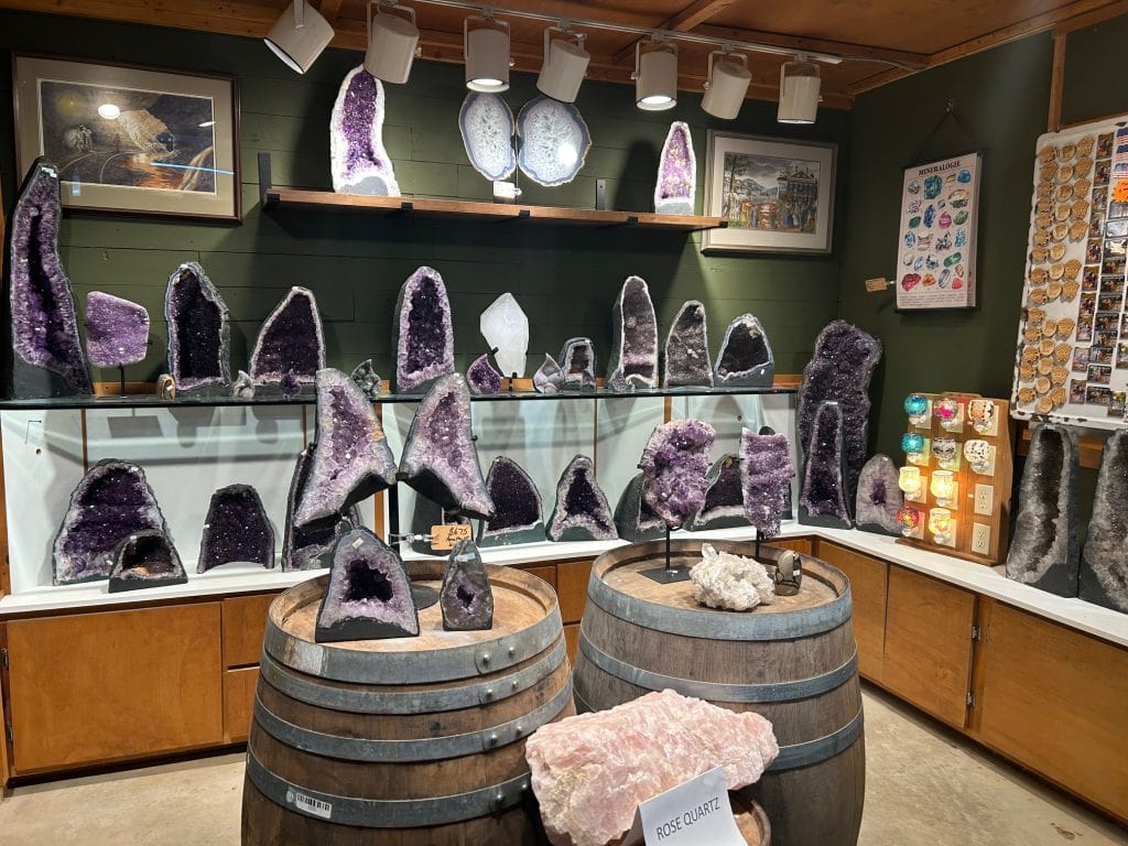 A display of large amethyst geodes and crystal specimens inside the gift shop at the Consolidated Gold Mine in Dahlonega. The crystals are arranged on barrels and shelves, with labeled pieces like rose quartz in the foreground and colorful rock lamps and mineral charts on the walls.