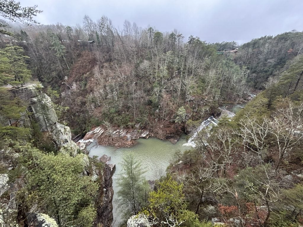 Sweeping view of Tallulah Gorge State Park showcasing the winding green river at the bottom of the steep canyon, flanked by rugged cliffs and dense forest. Bare winter trees and patches of evergreens highlight the dramatic landscape, with small waterfalls visible along the rocky banks.