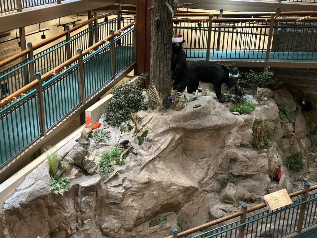 Indoor wildlife exhibit featuring taxidermy animals posed on a rocky display, including two black bears wearing festive hats, a howling coyote with red antlers, and a bobcat. The scene is surrounded by artificial plants and trees, set beneath a two-level walkway inside a visitor center.