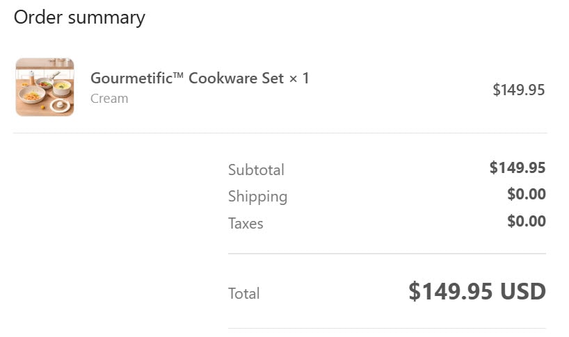 Order summary for a Gourmetific™ Cookware Set in cream color, priced at $149.95 with free shipping and no taxes, bringing the total to $149.95 USD. A small product image shows a neutral-toned cookware set with various plated meals displayed on a kitchen counter.