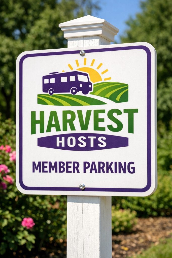 Sign for Harvest Hosts member parking, featuring a purple RV icon over green fields with a rising sun, surrounded by landscaped greenery and pink flowers. This sign designates exclusive parking for Harvest Hosts members at participating locations.