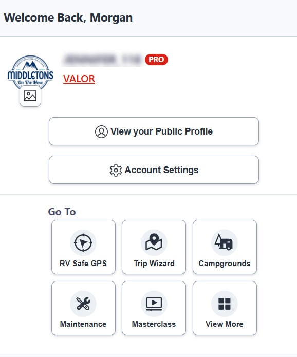 Screenshot of an RV Life Pro account dashboard welcoming user Morgan. Displays profile information with options like View your Public Profile and Account Settings, plus icons linking to RV Safe GPS, Trip Wizard, Campgrounds, Maintenance, Masterclass, and View More.