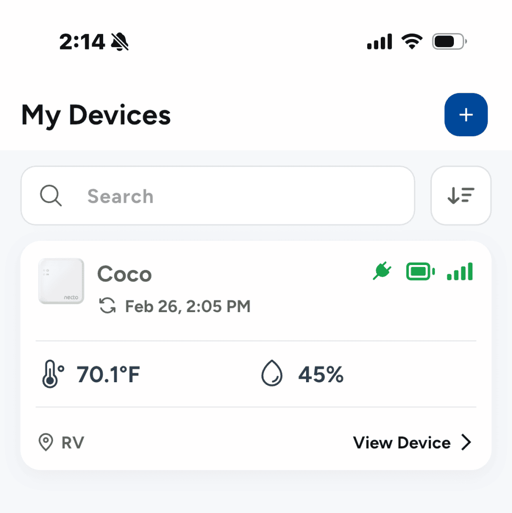 Necto RV pet temperature monitor app screen showing 70.1 degrees Fahrenheit and 45 percent humidity inside an RV. The display includes device settings alert preferences history report and subscription details as part of a necto RV pet temperature monitor review to show real time climate tracking and account information.