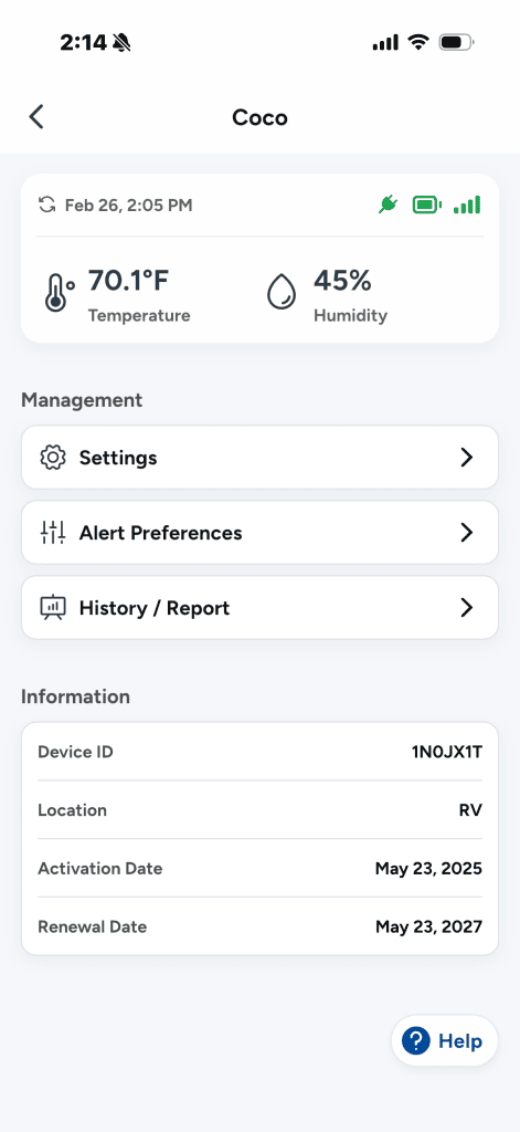 Necto RV pet temperature monitor app screen showing 70.1 degrees Fahrenheit and 45 percent humidity inside an RV. The display includes device settings alert preferences history report and subscription details as part of a necto RV pet temperature monitor review to show real time climate tracking and account information.