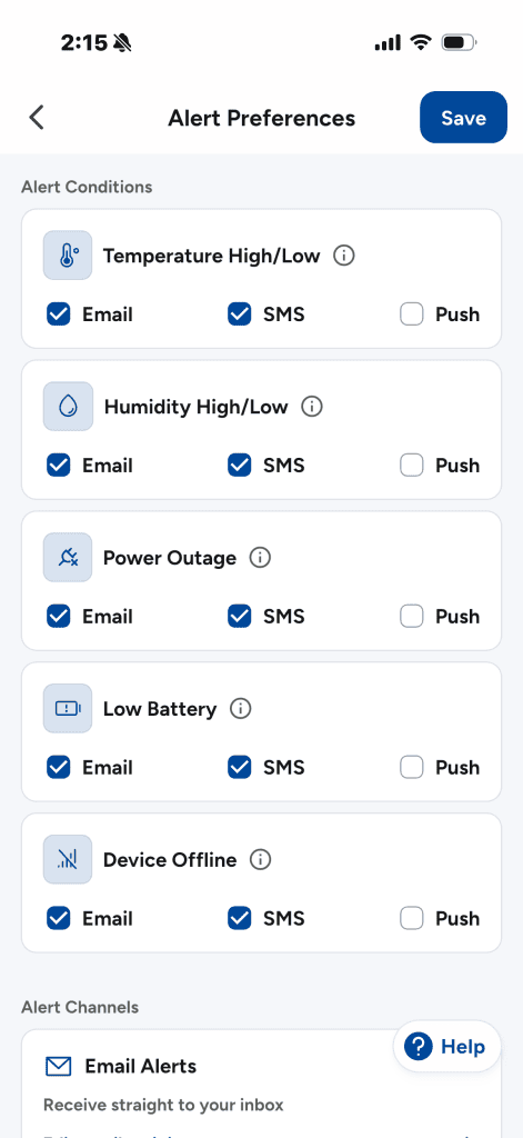 Necto RV pet temperature monitor app screen showing alert preferences for temperature humidity power outage low battery and device offline notifications. Email and SMS alerts are selected for each condition highlighting customizable safety features in this necto RV pet temperature monitor review for protecting pets inside an RV.