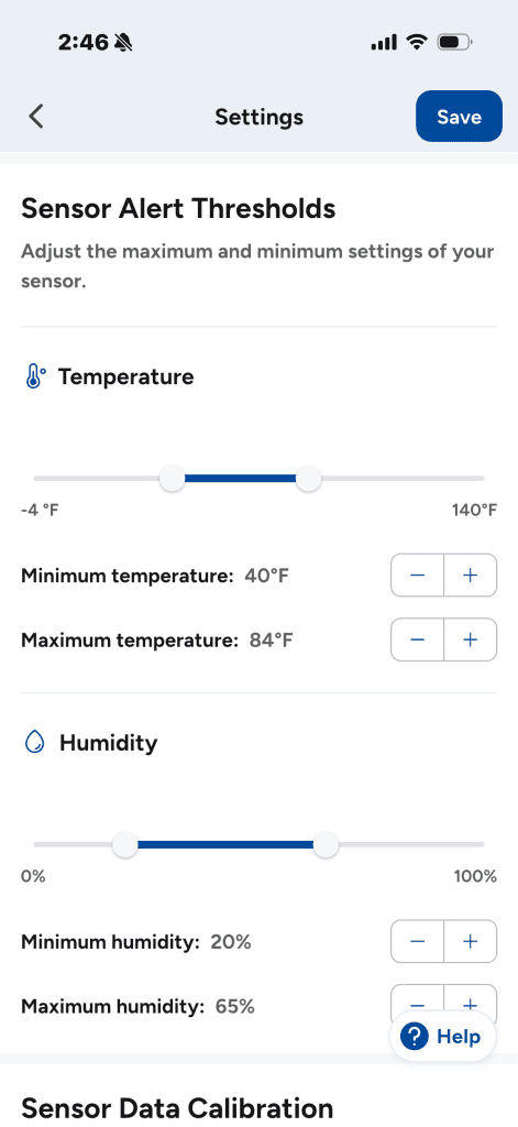 Necto RV pet temperature monitor settings screen displaying custom sensor alert thresholds for temperature and humidity. Minimum temperature is set to 40 degrees Fahrenheit and maximum to 84 degrees while humidity ranges from 20 percent to 65 percent showing adjustable safety limits in this necto RV pet temperature monitor review.