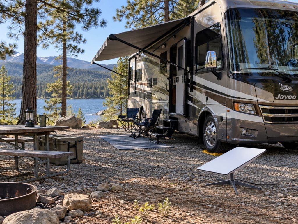 White Starlink satellite internet dish set up on the ground beside a Jayco motorhome at a lakeside campsite. Pine trees and forested mountains surround the RV camping setup where Starlink provides internet connectivity in a remote outdoor location.
